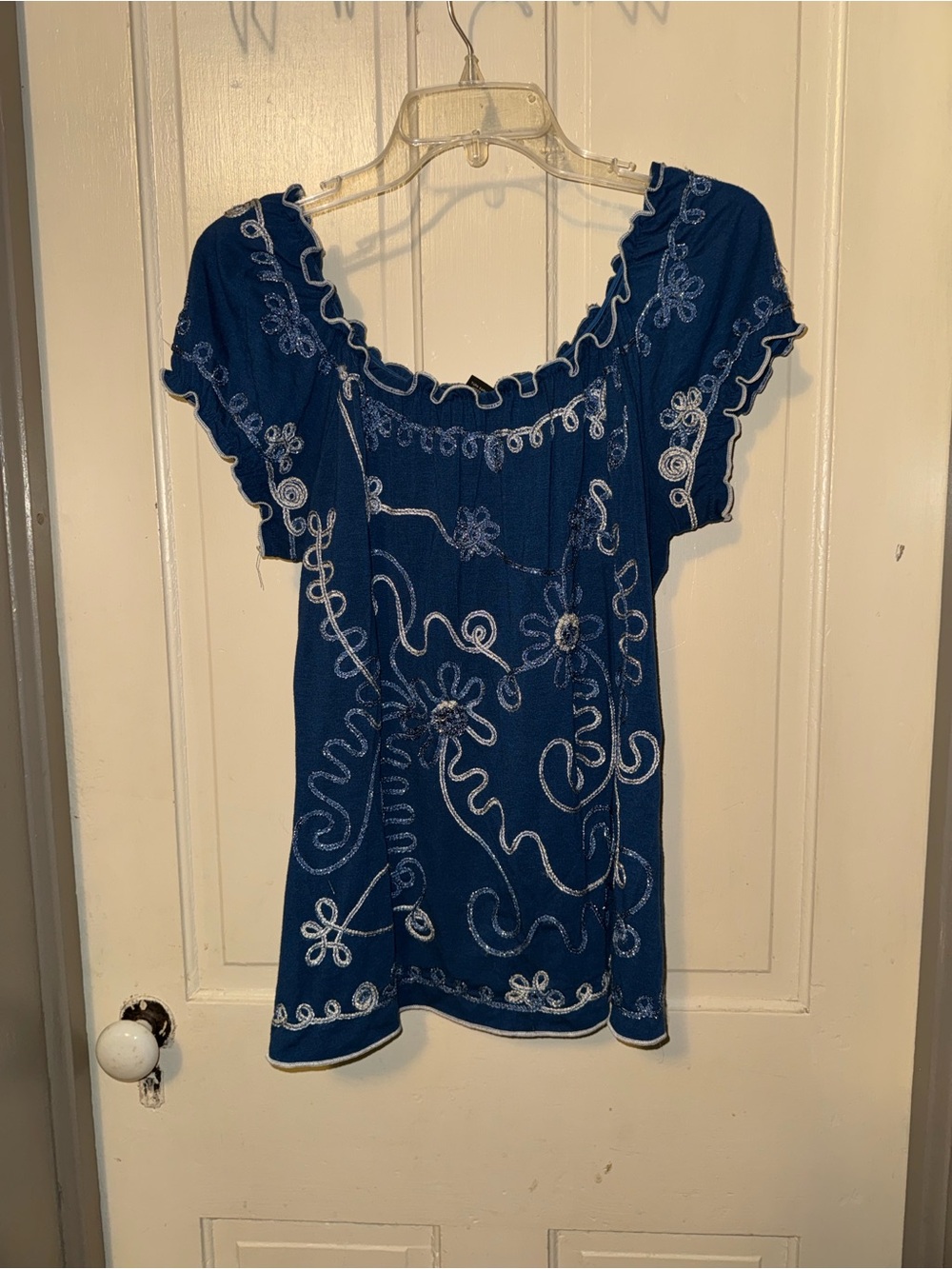 Lauren Michelle Blue Embroidered Women’s Peasant Top Large